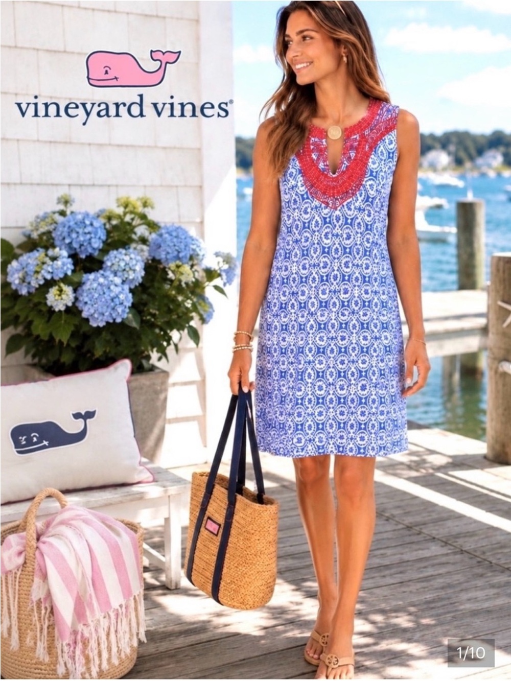 Vineyard Vines Blue & Red Sleeveless Printed Shift Dress ~ Size XL